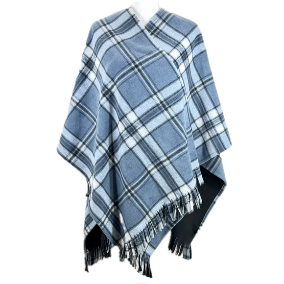 Martha Stewart Poncho One Size Blue Plaid Reversible Cape Open Front Shawl Ruana - Picture 4 of 11